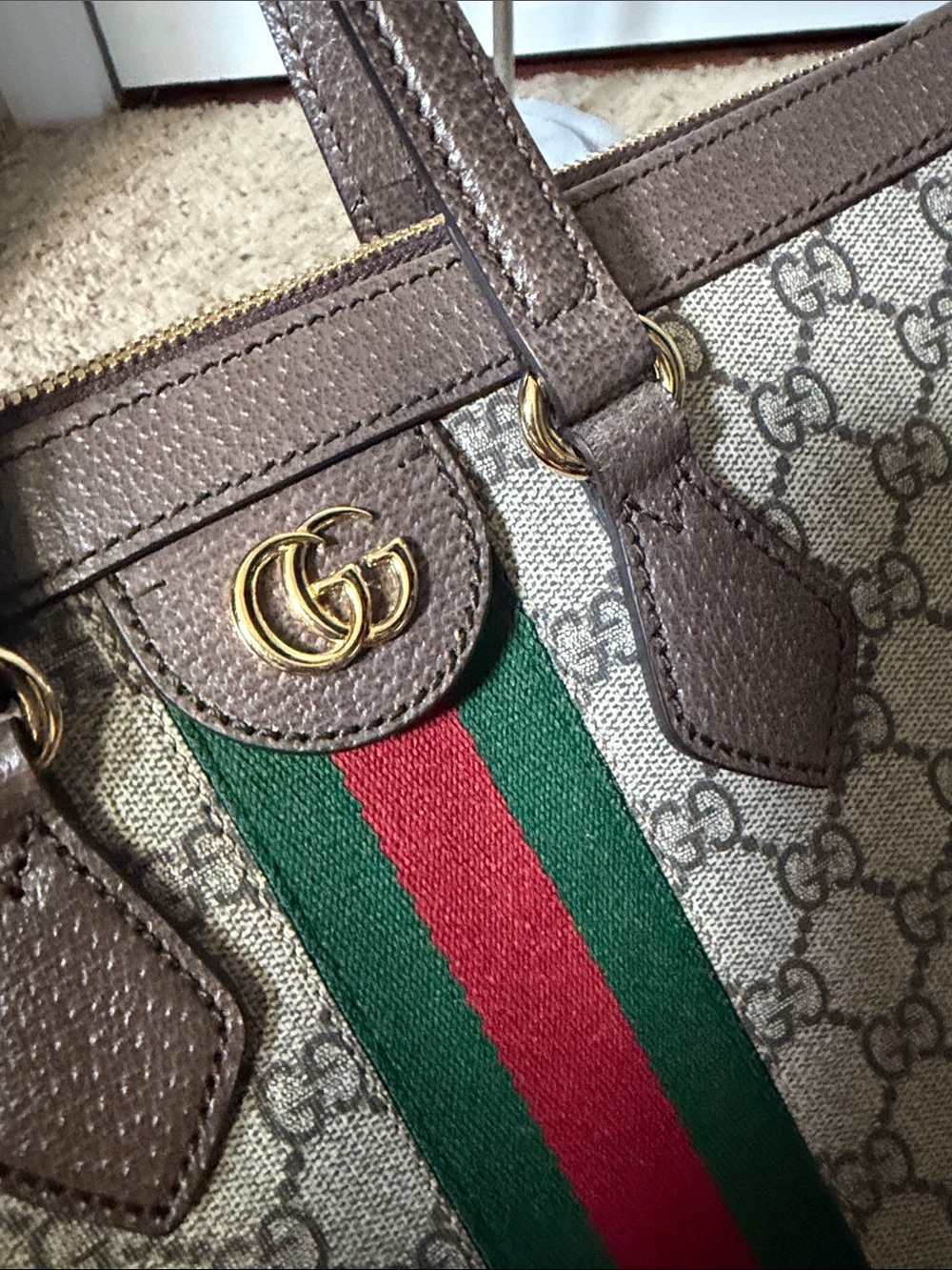 Gucci Brown GG Supreme Tote with Green and Red Web Stripe - Picture 2 of 10